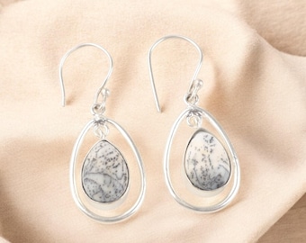 Dendrite Opal Sterling Silver Earrings: Pear Drop Dangle