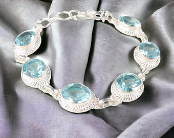 ハンドメイドスカイブルートパーズブレスレット：925スターリング