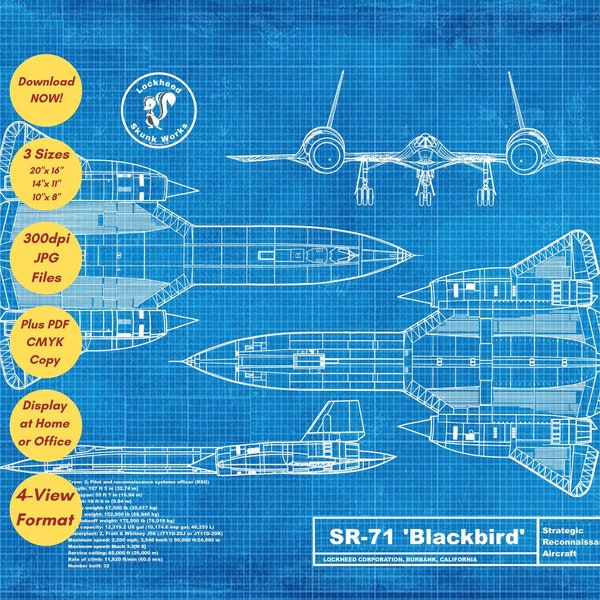 SR-71 Blackbird Blueprint Wall Poster - INSTANT DOWNLOAD -