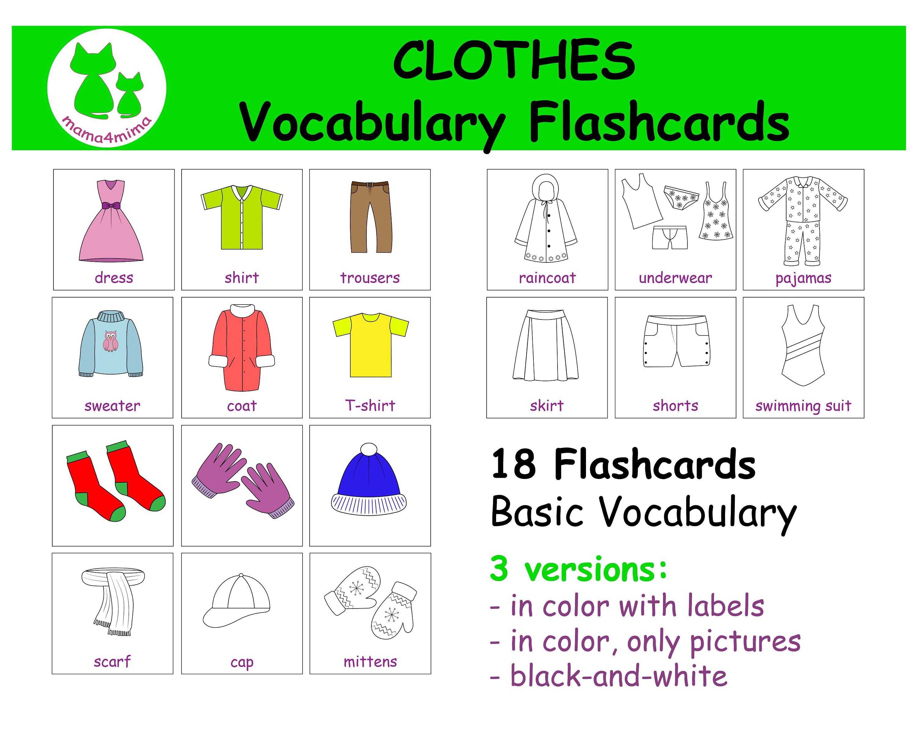 Clothes Vocabulary Flashcards / Language Flashcards / Matching Etsy