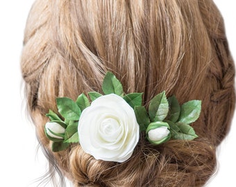 White rose flower wedding hair piece , floral pins for bride