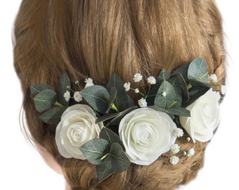 Pezzo per capelli da sposa Spille con rosa di respiro del bambino di eucalipto verde