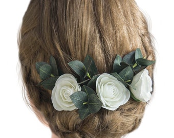 Wedding headpiece greenery eucalyptus rose hair piece