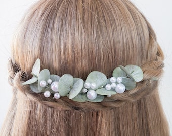Eucalyptus pearl hair piece bridal comb - Wedding headpiece floral