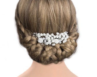 Bridal flower hair comb - white pearl piece babys breath clip