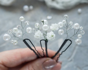 Flower pearl hair pins bridal piece - wedding babys breath