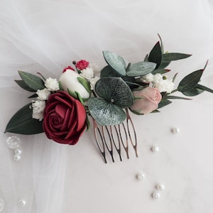 Burgundy wedding hair piece eucalyptus bridal comb Flower clip