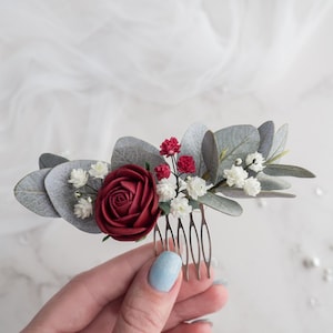 Burgundy wedding hair piece rose flower comb - Bridal clip eucalyptus