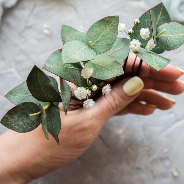 Greenery wedding hair piece Eucalyptus flower pins