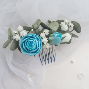 Blue bridal hair comb eucalyptus wedding piece Flower clip