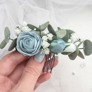 Dusty blue bridal hair comb eucalyptus - Wedding piece Flower clip