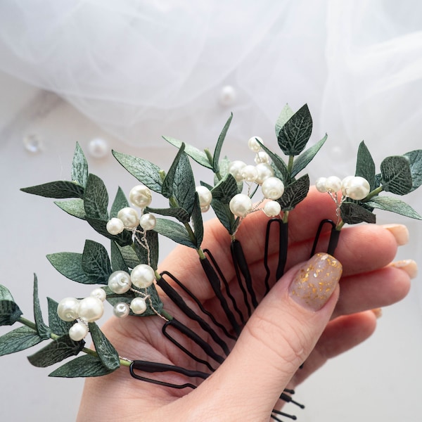 Wedding eucalyptus pearl hair piece bridal pins greenery