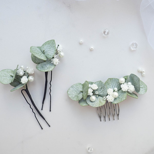 Eucalyptus pearl bridal hair piece Small wedding comb headpiece