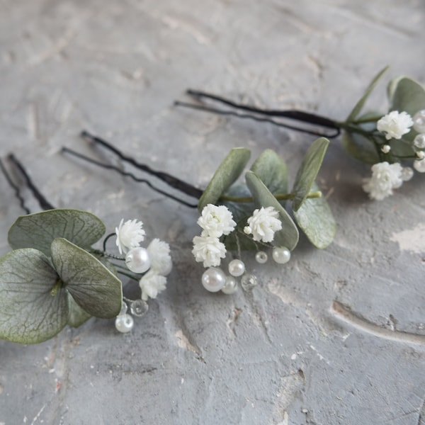 Pearl eucalyptus hair piece Bridal pins wedding flower clip