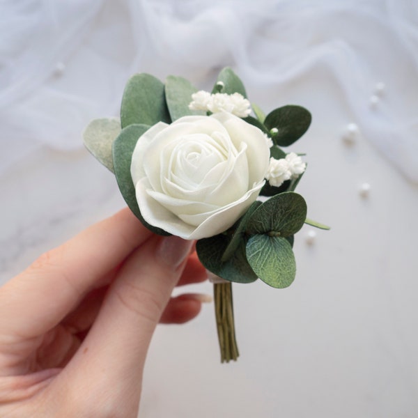 Wedding boutonniere for men eucalyptus groom lapel pins