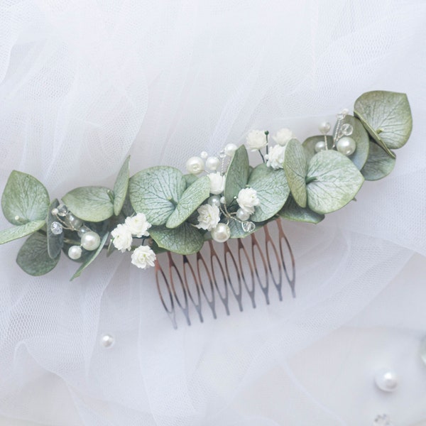 Wedding eucalyptus hair piece Pearl bridal comb headpiece flower