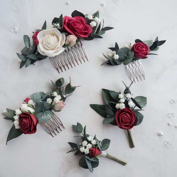 Wedding burgundy rose clip Hair comb eucalyptus - Bridal piece Flower fall