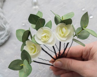 Greenery hair pins with faux eucalyptus leaves, bridal hydrangea