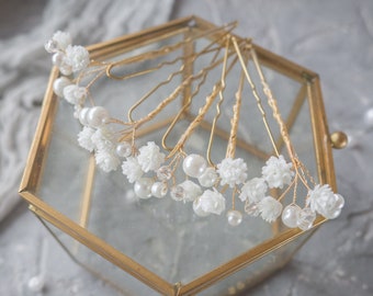 Pearl flower hair pins - bridal piece babys breath headpiece