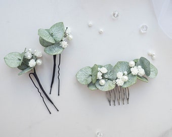 Eucalyptus pearl bridal hair piece Small wedding comb headpiece