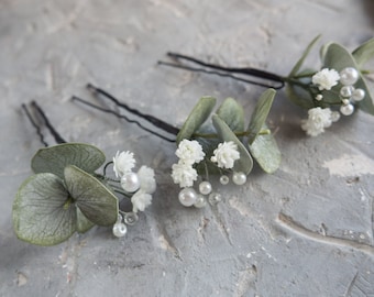 Pearl eucalyptus hair piece Bridal pins wedding flower clip