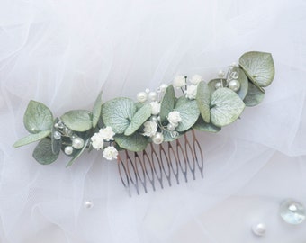 Wedding eucalyptus hair piece Pearl bridal comb headpiece flower