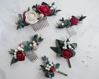 Wedding burgundy rose clip Hair comb eucalyptus - Bridal piece Flower fall