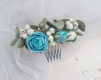 Blue bridal hair comb eucalyptus wedding piece Flower clip