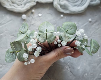 Bridal eucalyptus hair pins pearl piece flower headpiece