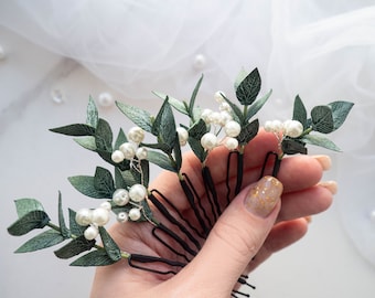 Wedding eucalyptus pearl hair piece bridal pins greenery