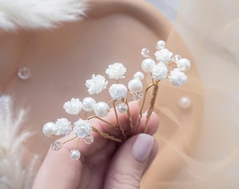 Pearl babys breath hair pins, Bridal flower piece, bridesmaid headpiece