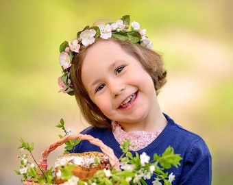 Flower girl bridal crown with white floral (adult, toddler)
