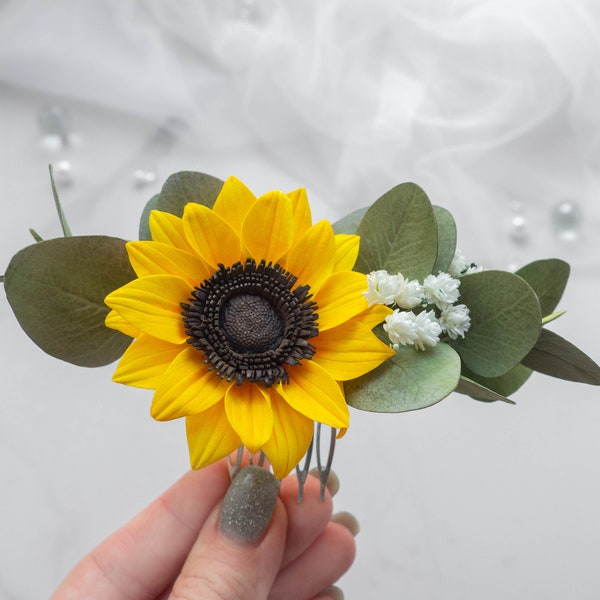 Sunflower wedding hair piece - Bridal flower comb Rustic clip headpiece