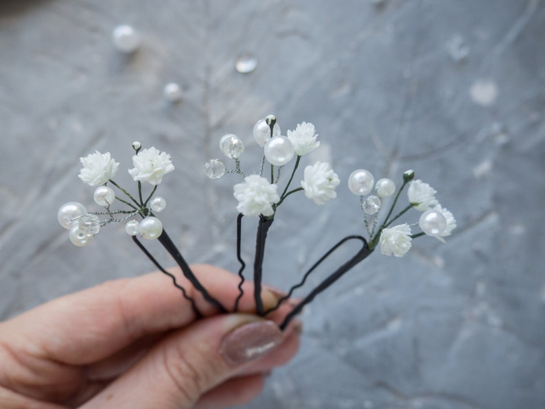 Wedding flower hair pins pearl piece babys breath bridal headpiece set of 3 green stems