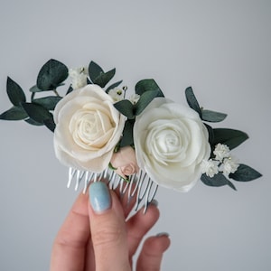 White wedding hair piece eucalyptus bridal comb - Flower clip ivory