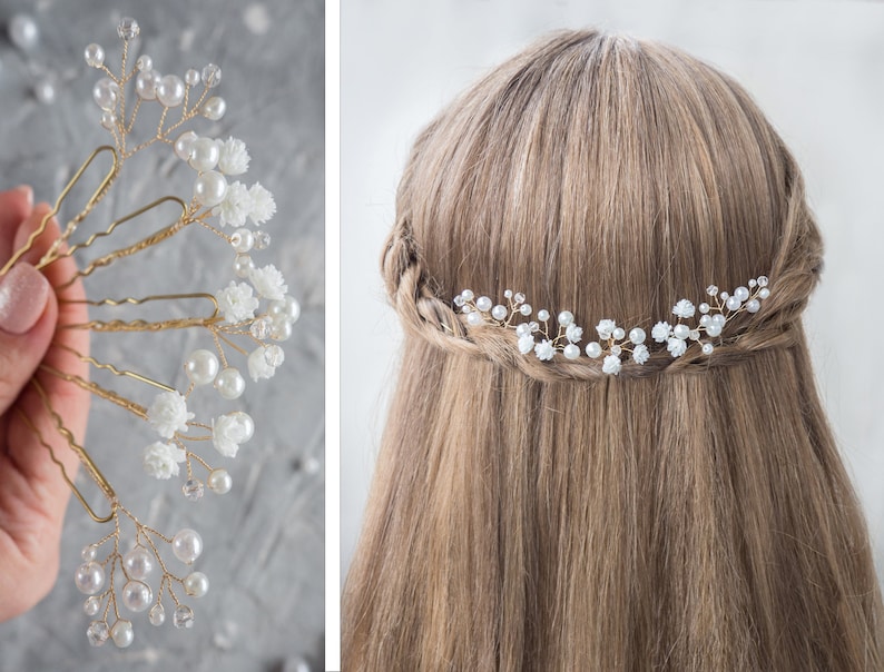 Wedding flower hair pins pearl piece babys breath bridal headpiece Bild 2