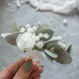 Bridal eucalyptus hair comb rose flower clip Floral piece