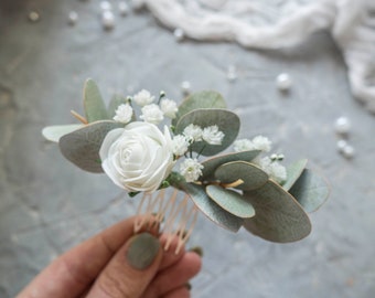 Bridal eucalyptus hair comb rose flower clip Floral piece