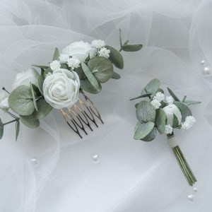 Eucalyptus wedding hair piece Rose bridal comb - Flower clip headpiece