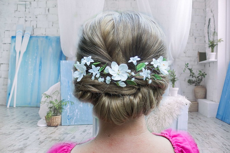 white cherry blossom and campanula Bridal babys breath hair vine with gypsophila flower