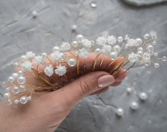 Wedding flower hair pins pearl piece babys breath - bridal headpiece