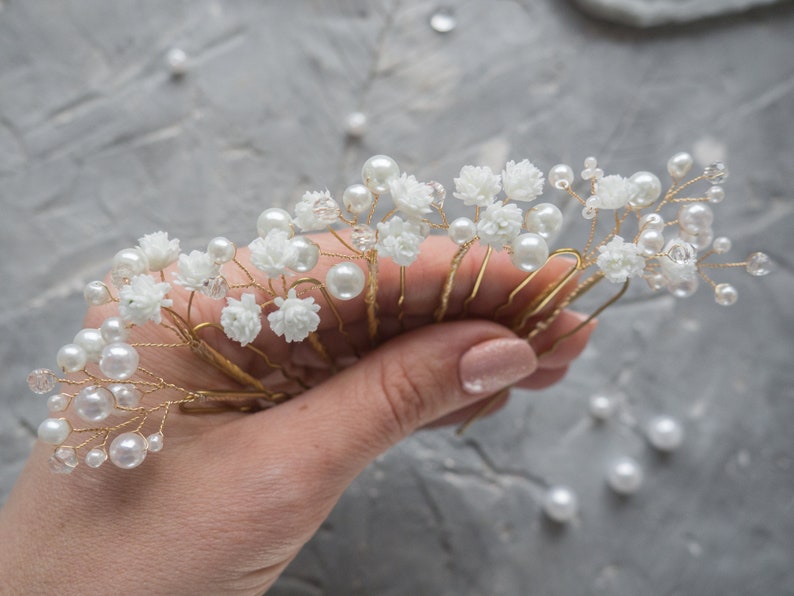 Wedding flower hair pins pearl piece babys breath bridal headpiece imagem 1