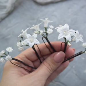 Horquillas para el pelo de novia con flores blancas, aliento de bebé, flor de campanilla