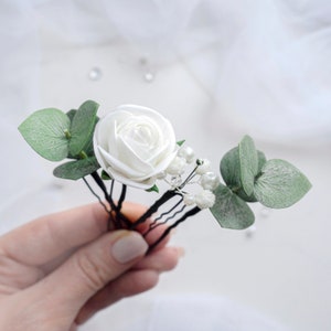 Grampos de cabelo de casamento de eucalipto, enfeite de cabeça de pérola nupcial, peça floral verde