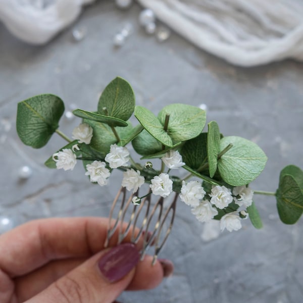 Wedding greenery hair piece Eucalyptus flower comb