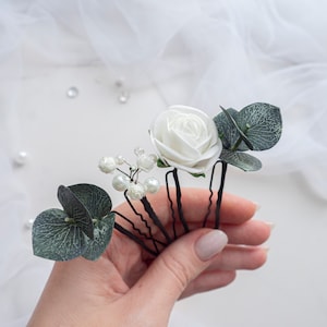 Grampos de cabelo de eucalipto para noivas, enfeite de cabeça de pérolas com flores e folhagens para casamento