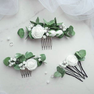 Pente de cabelo verde, enfeite de cabeça de pérola de eucalipto para noiva, peça floral de casamento verde