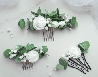 Peigne à cheveux de verdure, coiffe de perles de mariée eucalyptus, pièce de verdure de mariage