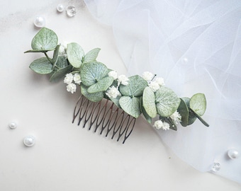 Bridal eucalyptus hair piece Wedding floral comb headpiece babys breath