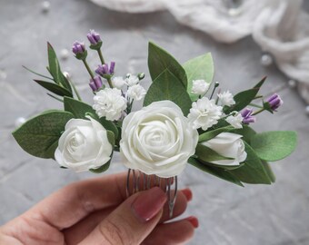 Peigne de mariée en eucalyptus, rose, pince à cheveux